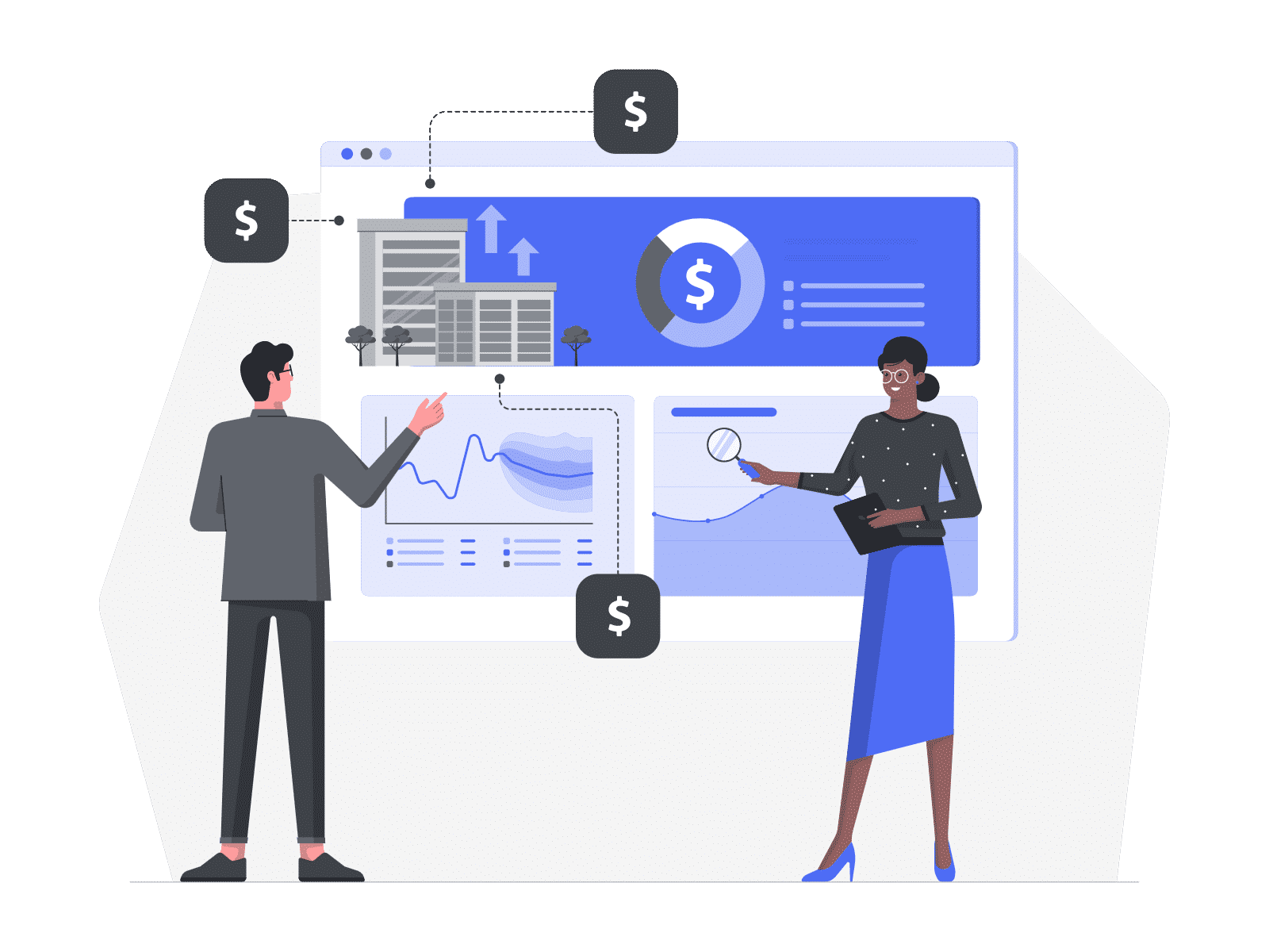 An illustration of two people auditing digital marketing platforms
