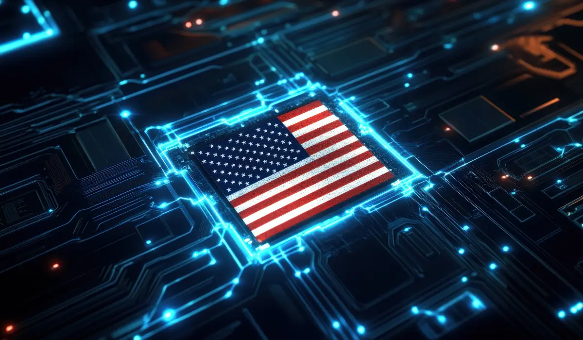 Digital illustration of a glowing U.S. flag embedded in a microchip, symbolizing American technology, innovation, or digital infrastructure.